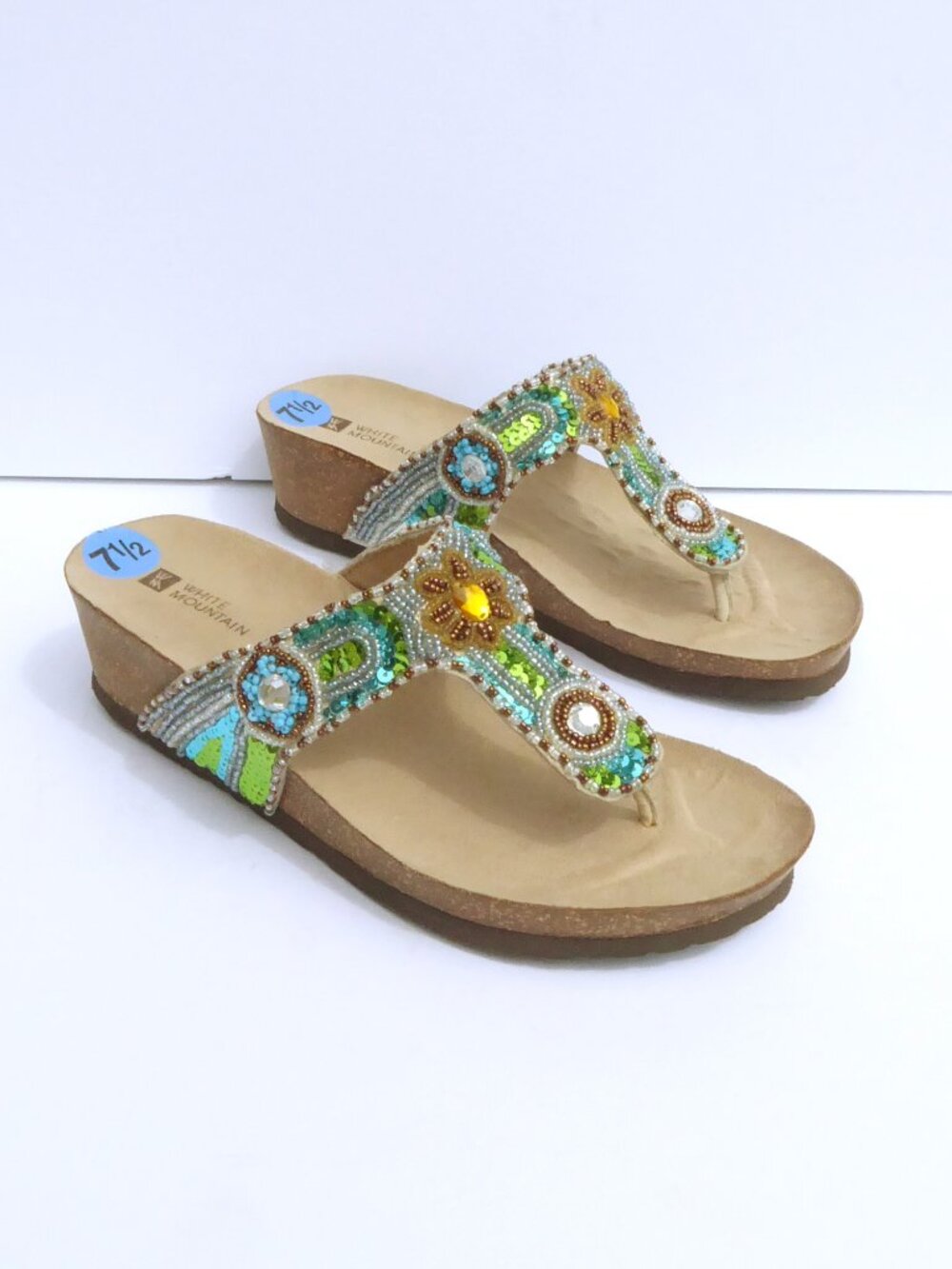 New White Mountain iridescent sequin blue copper silver green wedge sandals 7.5